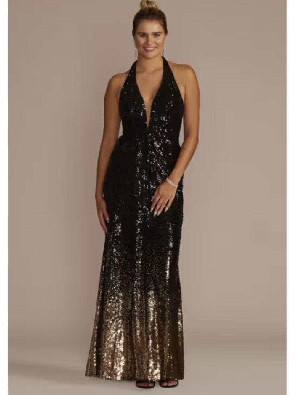Size 2 NWT Galina Signature Ombre Sequin Halter Gown Black Gold